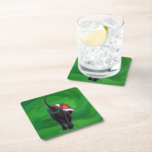 Dessous-de-verre Carré En Papier Chat noir de Noël en vert (En situation)