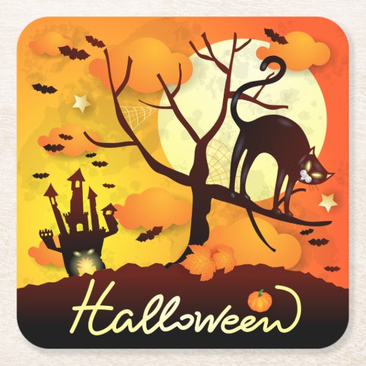 Dessous-de-verre Carré En Papier Chat noir d'Halloween (Devant)