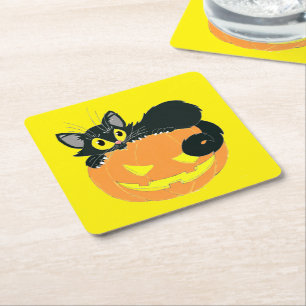 Dessous-de-verre Carré En Papier Chat noir d'Halloween et Citrouille