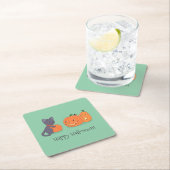 Dessous-de-verre Carré En Papier Chat noir d'Halloween et Citrouilles en vert (En situation)