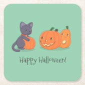 Dessous-de-verre Carré En Papier Chat noir d'Halloween et Citrouilles en vert (Devant)