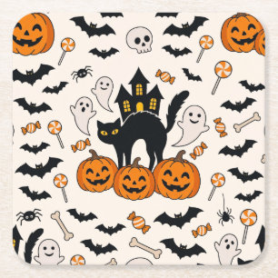 Dessous-de-verre Carré En Papier Chat noir et citrouille d'Halloween Maison hantée