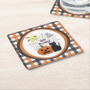 Dessous-de-verre Carré En Papier Chat noir et Citrouille pas effrayant Halloween
