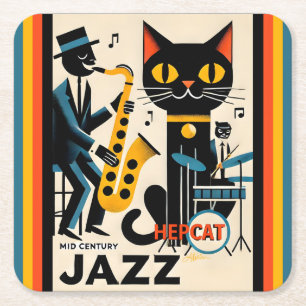 Dessous-de-verre Carré En Papier Chat Noir HepCat d'Ère du Jazz Milieu du Siècle
