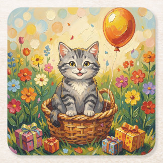 Dessous-de-verre Carré En Papier Chat Tigre & Fleurs | Joyeux Anniversaire Fille