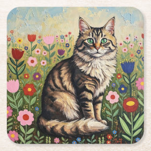 Dessous-de-verre Carré En Papier Chat tigré gris et fleurs d'art populaire