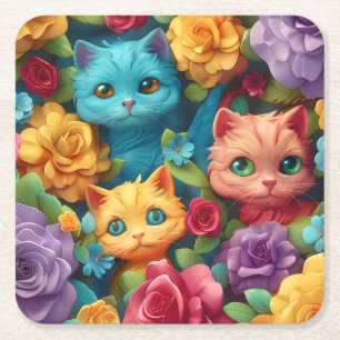 Dessous-de-verre Carré En Papier Chats colorés et fleurs joli design