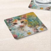 Dessous-de-verre Carré En Papier Chats d'aquarelle Boho - Art de la féline terrestr (Incliné)