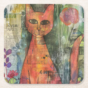 Dessous-de-verre Carré En Papier Chats d'aquarelle de Boho - Art de Féline de Terre