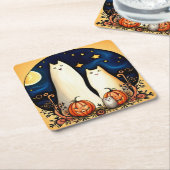 Dessous-de-verre Carré En Papier Chats fantômes blancs et lanternes Jack-o' (Incliné)