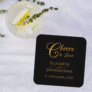Dessous-de-verre Carré En Papier Cheers to Love Minimal Black & Gold Script Mariage