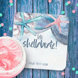 Dessous-de-verre Carré En Papier Chellabration | Watercolor Beach Starfish Seashell<br><div class="desc">Le papier à thème de la plage boissons les sous-vêtements sont dotés de coquillages d'étoiles de mer aquarelle avec une légende "Let's shellabrate" en ardoise bleu écriture manuscrite et une ligne de texte supplémentaire qui peut être personnalisée. Art par KL Stock</div>