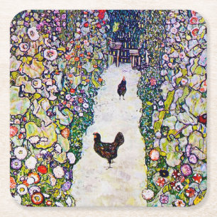 Dessous-de-verre Carré En Papier Chemin de jardin avec poulets, Gustav Klimt