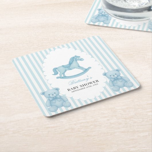 Dessous-de-verre Carré En Papier Cheval à rocher Preppy Ours Baby shower bleu (Incliné)