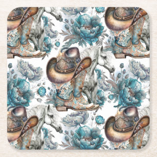 Dessous-de-verre Carré En Papier Cheval fille cowgirl motif floral turquoise