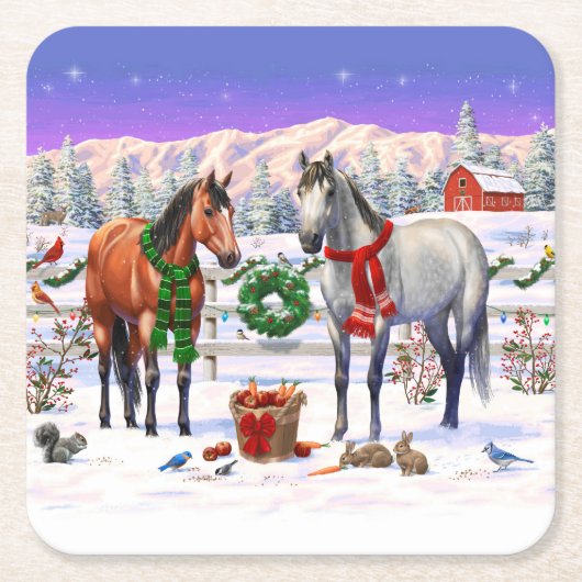 Dessous-de-verre Carré En Papier Chevaux de Noël en neige (Devant)