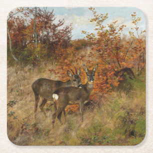 Dessous-de-verre Carré En Papier Chevreuil avec feuilles d'automne Faune vintage