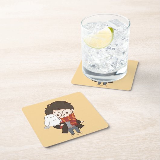 Dessous-de-verre Carré En Papier Chibi HARRY POTTER™ & Hedwig (En situation)
