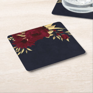 Dessous-de-verre Carré En Papier Chic bordeaux et or sur fond bleu marine
