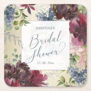 Dessous-de-verre Carré En Papier Chic Marsala Floral Aquarelle Or Fête des mariées