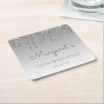 Dessous-de-verre Carré En Papier Chic Silver Parties scintillant Drip 70th Birthday<br><div class="desc">Ces dessous de verre en papier chic à 70e anniversaire présentent une bordure brillante en faux parties scintillant argent et un arrière - plan à l'ombre argentée. Personnalisez-les avec le nom de l'invitée d'honneur en écriture manuscrite grise,  avec son anniversaire et la date ci-dessous en police sans serif.</div>