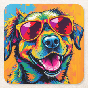 Dessous-de-verre Carré En Papier Chien Abstrait Coloré avec des Lunettes de Soleil