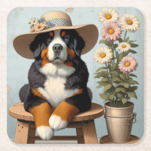 Dessous-de-verre Carré En Papier Chien de montagne bernois mignon avec Casquette et