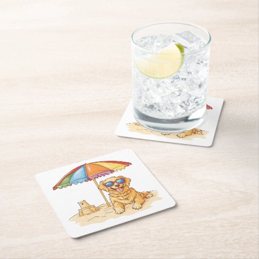 Dessous-de-verre Carré En Papier Chien de plage Golden Retriever (En situation)