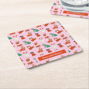 Dessous-de-verre Carré En Papier Chiens de Noël roses pattes personnalisées et enco
