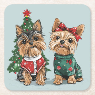 Dessous-de-verre Carré En Papier Chiens de Noël Yorkie