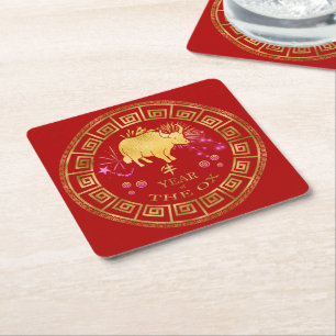 Dessous-de-verre Carré En Papier Chinois Zodiac Ox Rouge/Or ID542