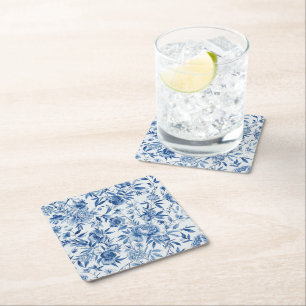 Dessous-de-verre Carré En Papier Chinoiserie Bleue Aquarelle Floral Botanique