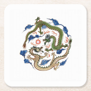 Dessous-de-verre Carré En Papier Chinoiserie Famille Verte Dragons Perle Flamboyant