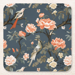 Dessous-de-verre Carré En Papier Chinoiserie florale sur Denim Blue