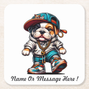 Dessous-de-verre Carré En Papier Chiot Bouledogue Mignon en Vêtements de Rue