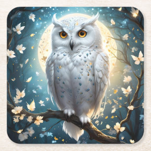Dessous-de-verre Carré En Papier Chouette À Neige Et Lune Avec Étincelle,