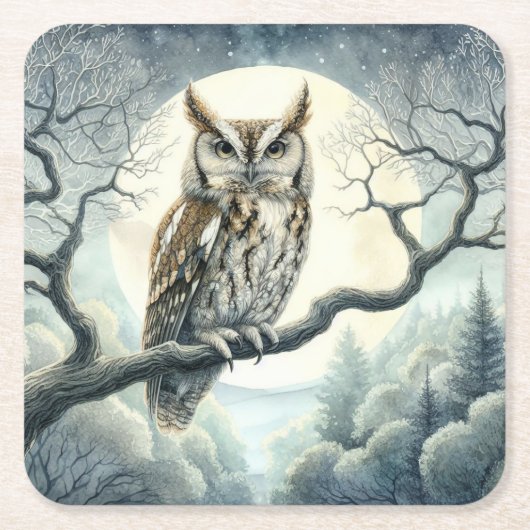 Dessous-de-verre Carré En Papier Chouette de crayon d'aquarelle (Devant)