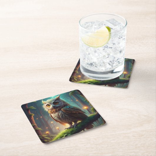 Dessous-de-verre Carré En Papier Chouette en forêt (En situation)