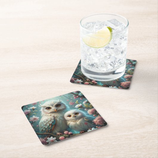 Dessous-de-verre Carré En Papier Chouette et bébé (En situation)