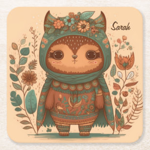 Dessous-de-verre Carré En Papier Chouette fleurie boho mignonne capuche de boisson