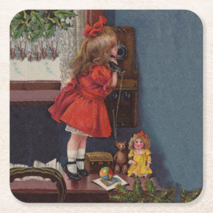 Dessous-de-verre Carré En Papier Christmas Little Girl Téléphone Antique