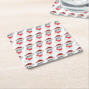 Dessous-de-verre Carré En Papier Christmas Tabby Cat with Red Scarf For Pet Lovers