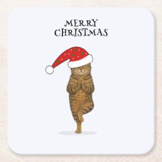 Dessous-de-verre Carré En Papier Christmas yoga cat your text