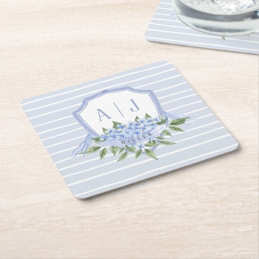 Dessous-de-verre Carré En Papier Cimetière Monogram Hydrangea Bleue avec des rayure (Incliné)