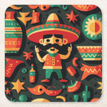 Dessous-de-verre Carré En Papier Cinco de Mayo. Motif de dessin animé mexicain<br><div class="desc">Cinco de Mayo. Dessous de verre motifs de dessins animés mexicains aux couleurs rouge orange jaune vert.</div>