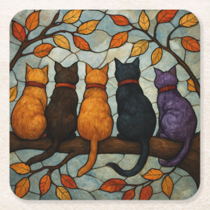 Dessous-de-verre Carré En Papier Cinq chats sur une branche d'arbre de style vitrai