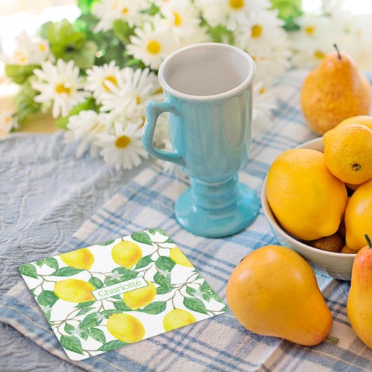 Dessous-de-verre Carré En Papier Citron motif nom personnalisé jaune