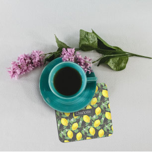 Dessous-de-verre Carré En Papier Citron motif nom personnalisé jaune gris