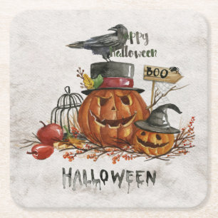 Dessous-de-verre Carré En Papier Citrouilles effrayants d'aquarelle de Halloween