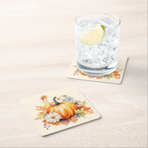 Dessous-de-verre Carré En Papier Citrouilles orange et fleurs Automne